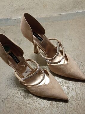 Nine West Tan Suede Pointed Toe Heels with Rhinestone Straps